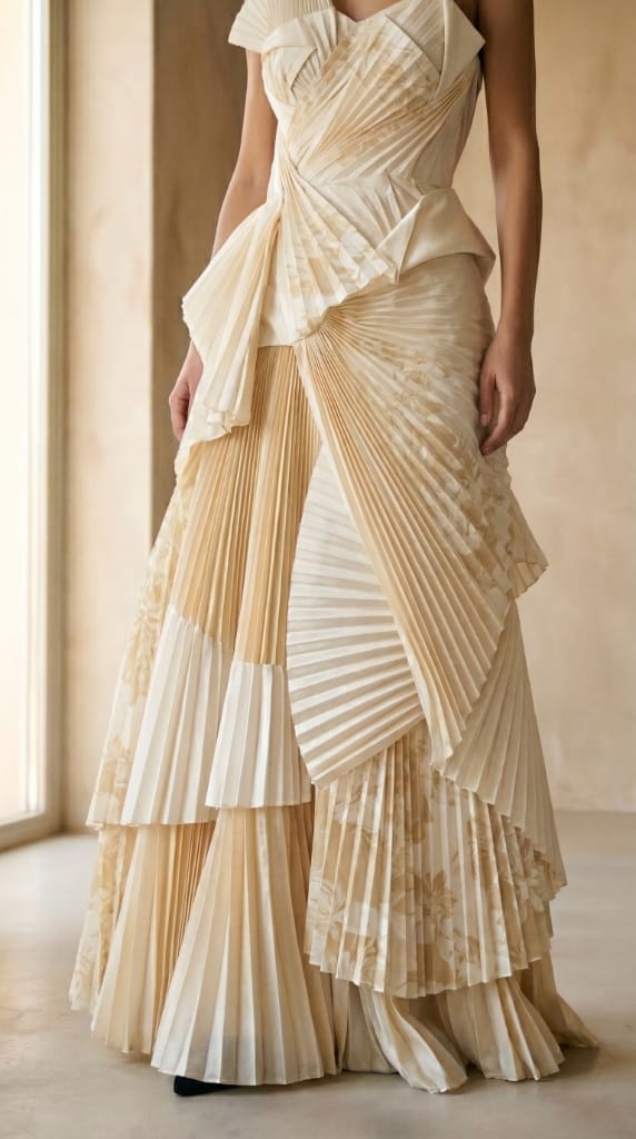 Abito lungo plissettato avorio con drappeggio, plissettatura artigianale su tessuto per alta moda