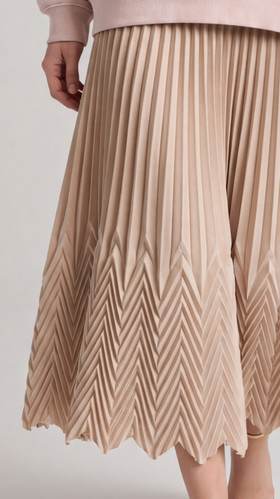 Plissé speciale beige con geometrie a spiga in rilievo, effetto tridimensionale marcato