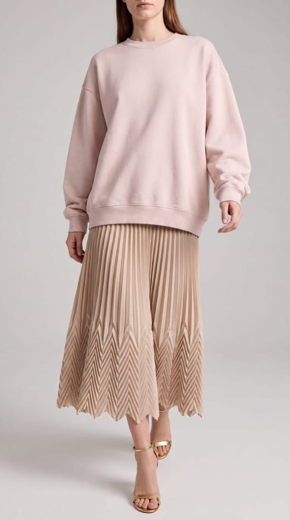 Plissé speciale chevron su gonna midi beige, lavorazione artiginale